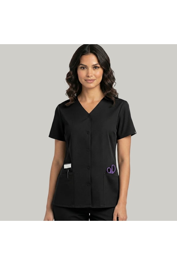 Women’s Snap Front Scrub Top, V-Neck, 3 Pockets, Short Sleeve, s, Black