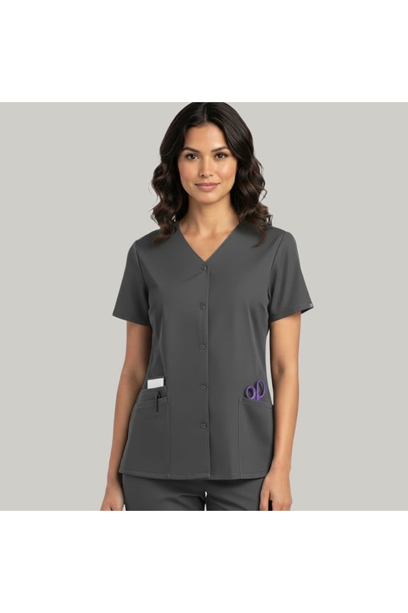 Women’s Snap Front Scrub Top, V-Neck, 3 Pockets, Short Sleeve, s, Charcoal