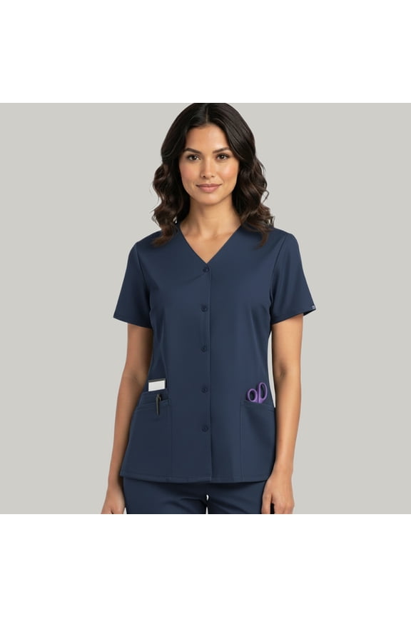 Women’s Snap Front Scrub Top, V-Neck, 3 Pockets, Short Sleeve, xl, Navy Blue