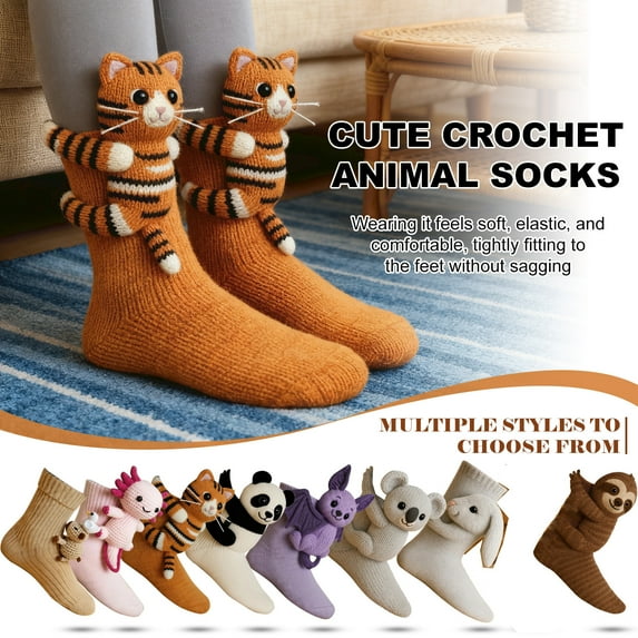 Heednotice Animal Socks, 3D Knit Animal Socks, Cozy Cute Floor Sock, Hand Crochet Knit Christmas Sock