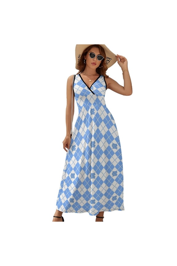 Heel Glitter Argyle Dress Summer Street Style Bohemia Long Dresses Female Sleeveless Printed Maxi Dress