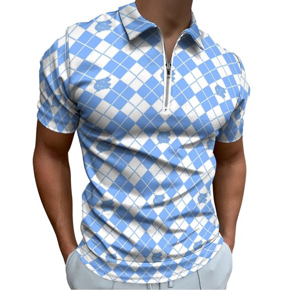 Heel Glitter Argyle Men Zipper T-shirt Summer Casual Short Sleeve T-shirt Top