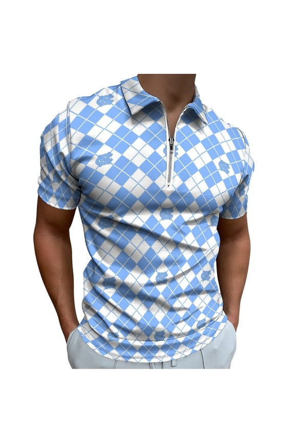 Heel Glitter Argyle Men Zipper T-shirt Summer Casual Short Sleeve T-shirt Top