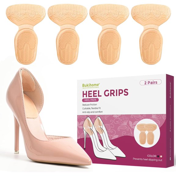 Heel Grips for Women Shoes - Bukihome Heel Pads for Shoes That are Too Big, Non-Slip, Reduce Friction T-Shape Design Shoe Cushions for High Heels, Sandals, Pumps, Flats, Boots (4 Pcs, Beige)