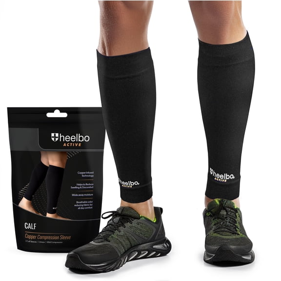 Heelbo Copper Infused Calf Compression Sleeves, Support Muscle Recovery & Blood Circulation, All Day Comfort, Breathable, Moisture Wicking, Black, Medium