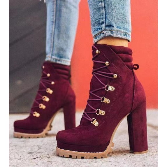 Heeled Boots For Women Round Toe Lace UP High Heels Boots Mid Calf Shoes