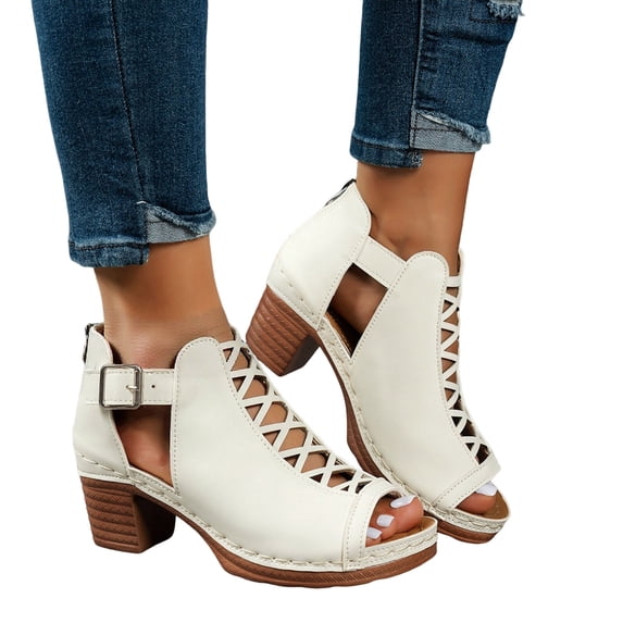 Heeled Gladiator Sandals for Women Peep Toe Cutout Ankle Strap Heels Back Zipper Summer Dress Short Boots White Size 8