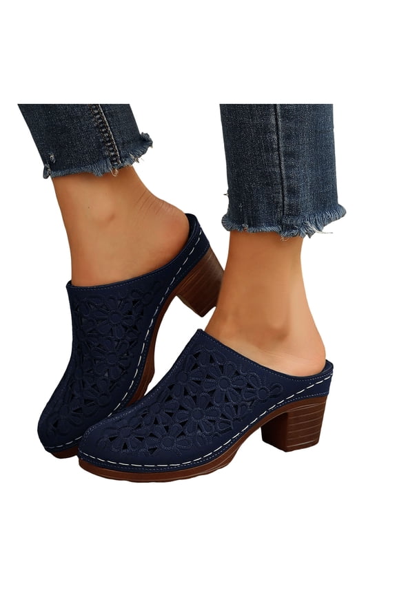 Heeled Mules for Women Floral Embroidery Hollow out Breathable Sandals Round Closed Toe Backless Heels Summer Slip on Slides Navy Size 8