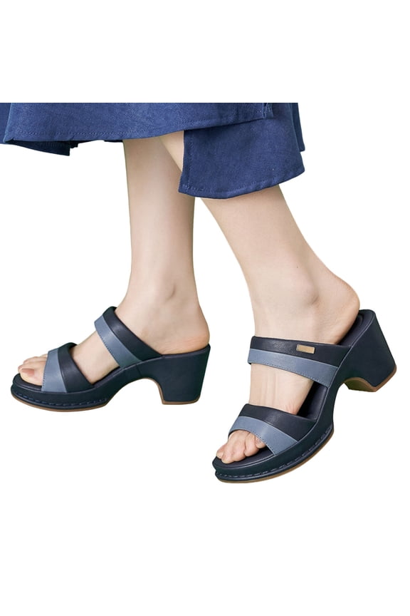 Heeled Sandals for Women Fashion Color Block Slip on Slides Shoes Open Toe Comfy Arch Support Breathable Footbed Dress Heels Blue Size 6.5