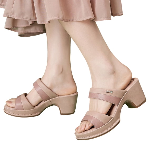 Heeled Sandals for Women Fashion Color Block Slip on Slides Shoes Open Toe Comfy Arch Support Breathable Footbed Dress Heels Pink Size 7