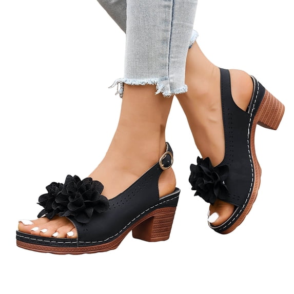 Heeled Sandals for Women Open Toe Dressy Flower Slingback Heels Comfy Arch Support Summer Trendy Hollow out Pumps Black Size 7