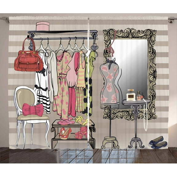 Ambesonne Heels and Dresses Curtains 2 Panel Set, Old Fashioned, 108" x 108", Multicolor