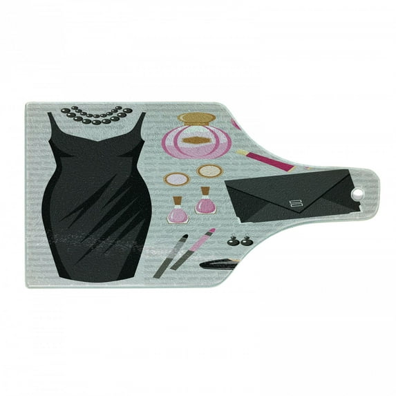 Heels and Dresses Cutting Board, Black Smart Cocktail Dress Perfume Make up Clutch Bag, Decorative Tempered Glass Cutting and Serving Board, Wine Bottle Shape, Pale Brown Pale Pink, by Ambesonne