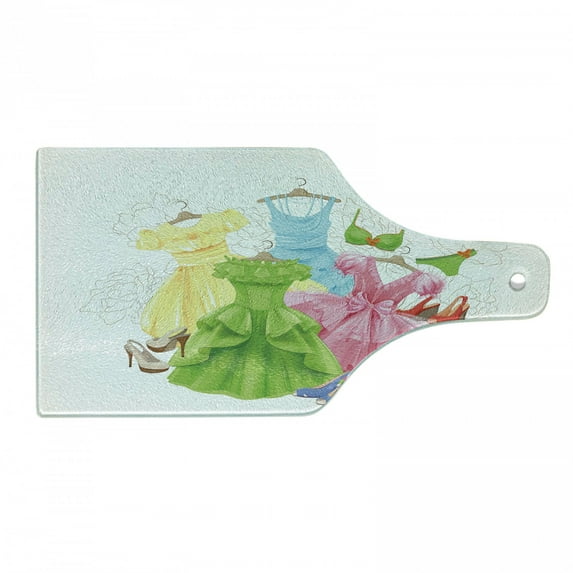 Heels and Dresses Cutting Board, Cartoon Outfits Bikini Shoes Wardrobe Party Costumes in Girls Design, Decorative Tempered Glass Cutting and Serving Board, Wine Bottle Shape, Multicolor, by Ambesonne