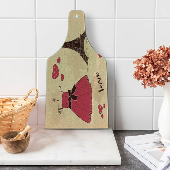 Heels and Dresses Cutting Board, Paris Boutique French Retro Dress Shoes Eiffel Tower, Decorative Tempered Glass Cutting and Serving Board, Wine Bottle Shape, Pale Salmon Dark Brown, by Ambesonne