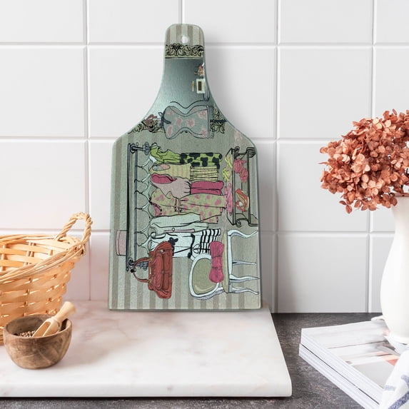 Heels and Dresses Cutting Board, Women Wardrobe Illustration Colorful Retro Interior with Clothes, Decorative Tempered Glass Cutting and Serving Board, Wine Bottle Shape, Multicolor, by Ambesonne