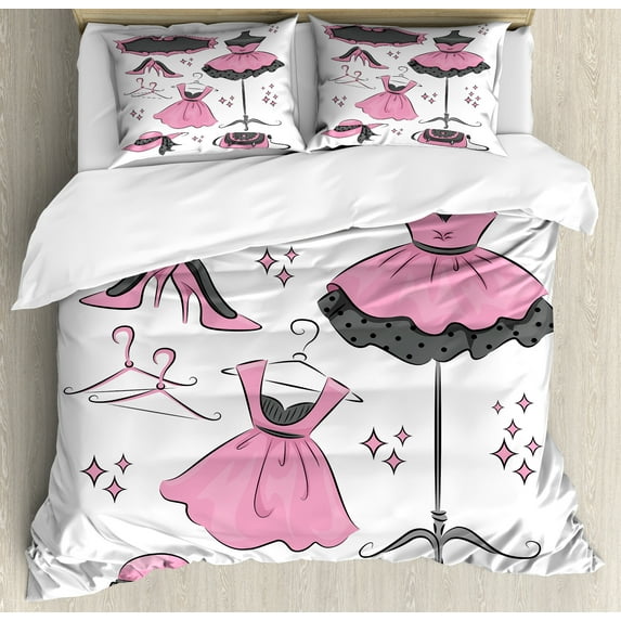 Heels and Dresses Duvet Cover Set, Boutique Inspired Design Dresses Hangers Cartoon Style, Decorative 3 Piece Bedding Set with 2 Pillow Shams, Queen Size, Pale Pink White Grey, by Ambesonne