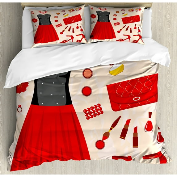 Heels and Dresses Duvet Cover Set King Size, Party Clothes and Cosmetics Make Up Feminine Art Evening Dress Pattern, Decorative 3 Piece Bedding Set with 2 Pillow Shams, Multicolor, by Ambesonne
