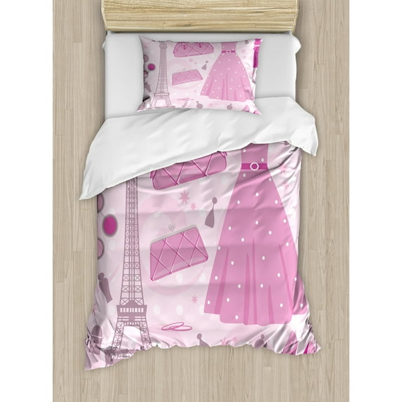 Heels and Dresses Duvet Cover Set, Paris Fashion Atelier French Boutique Feminine Glamor Eiffel, Decorative 2 Piece Bedding Set with 1 Pillow Shams, Twin Size, Pale Pink Magenta Mauve, by Ambesonne