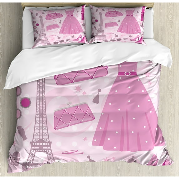 Heels and Dresses Duvet Cover Set, Paris Fashion Atelier French Boutique Feminine Glamor Eiffel, Decorative 3 Piece Bedding Set with 2 Pillow Shams, Queen Size, Pale Pink Magenta Mauve, by Ambesonne