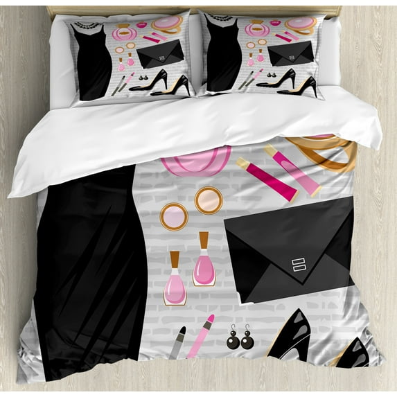 Heels and Dresses Duvet Cover Set Queen Size, Black Smart Cocktail Dress Perfume Make Up Clutch Bag, Decorative 3 Piece Bedding Set with 2 Pillow Shams, Black Pale Pink Pale Brown, by Ambesonne