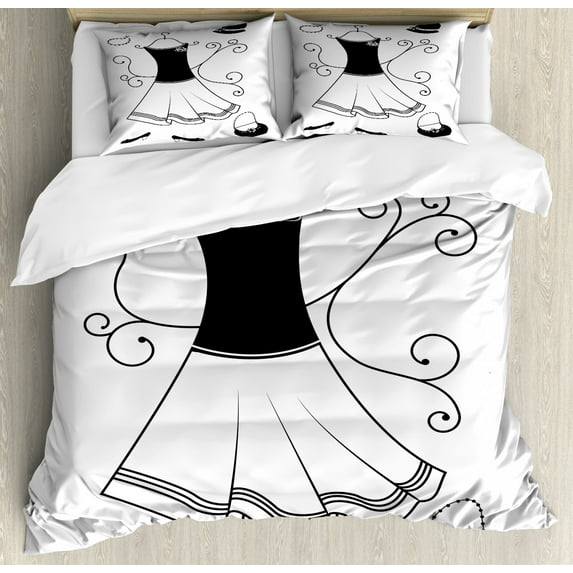 Heels and Dresses King Size Duvet Cover Set, Classical Old Fashioned Female Garment Floral Swirls Hat Purse Necklace, Decorative 3 Piece Bedding Set with 2 Pillow Shams, Black White, by Ambesonne