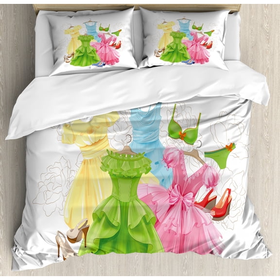 Heels and Dresses Queen Size Duvet Cover Set, Princess Outfits Bikini Shoes Wardrobe Party Costumes Girls Room Decor, Decorative 3 Piece Bedding Set with 2 Pillow Shams, Multicolor, by Ambesonne
