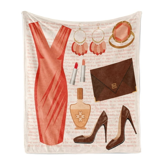Heels and Dresses Soft Flannel Fleece Blanket, Accessories Fashion Cocktail Dress Lipstick Earrings High Heels, Cozy Plush for Indoor and Outdoor Use, 70" x 90", Salmon Brown Peach, by Ambesonne