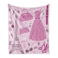 thumbnail image 1 of Heels and Dresses Soft Flannel Fleece Blanket, Paris Fashion Atelier French Boutique Feminine Glamor Eiffel, Cozy Plush for Indoor and Outdoor Use, 60" x 80", Baby Pink Mauve Magenta, by Ambesonne, 1 of 6
