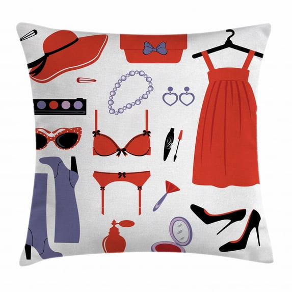 Heels and Dresses Throw Pillow Cushion Cover, Glamor Items for Women Attire Sunglasses Lingerie Cosmetics, Decorative Square Accent Pillow Case, 16 X 16 Inches, Coral Lavender Black, by Ambesonne