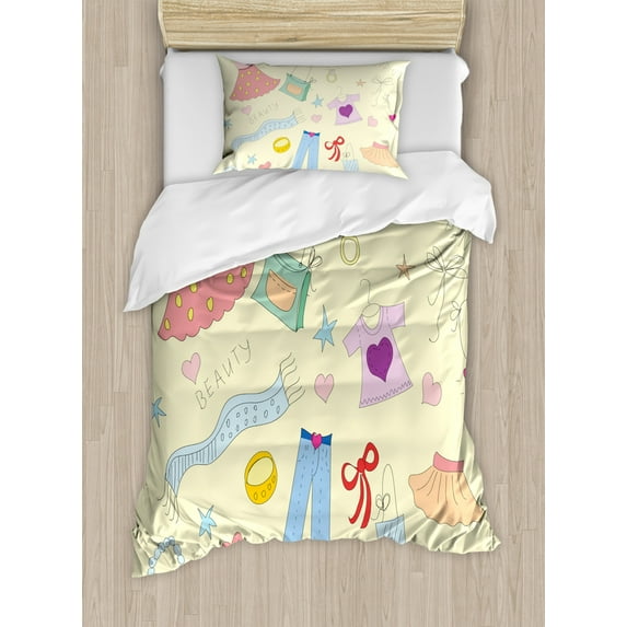 Heels and Dresses Twin Size Duvet Cover Set, Shopping Themed Doodle Items Princess Beauty Hearts and Stars Girls Room, Decorative 2 Piece Bedding Set with 1 Pillow Sham, Multicolor, by Ambesonne