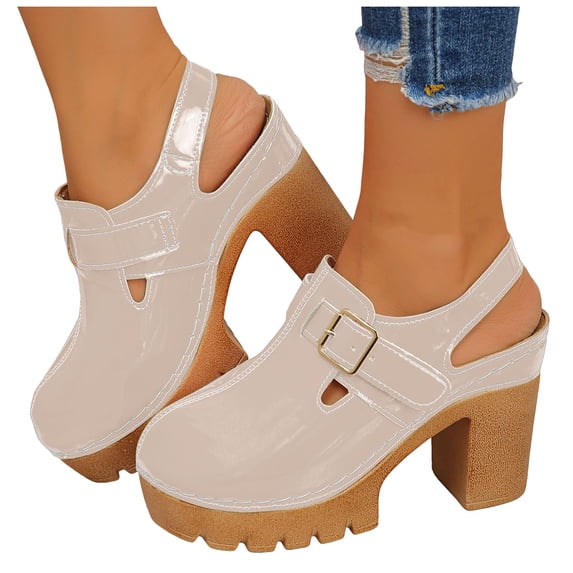 Heels for Women Closed Round Toe Lug Sole Platform Sandals Trendy Stitching Hook and Loop Casual Slingback Dress Shoes Beige Size 7
