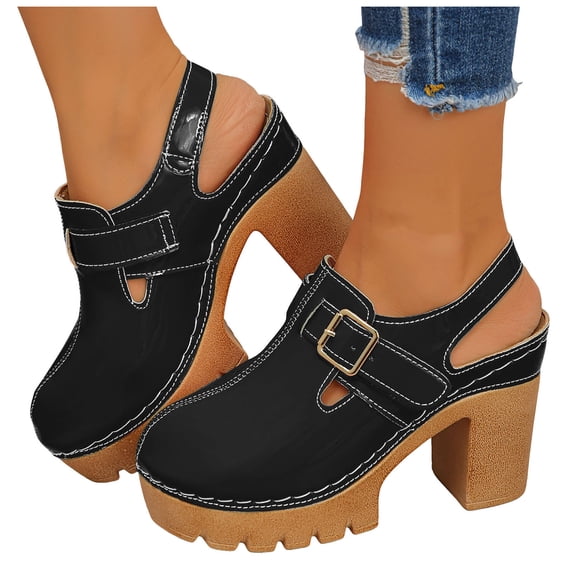 Heels for Women Closed Round Toe Lug Sole Platform Sandals Trendy Stitching Hook and Loop Casual Slingback Dress Shoes Black Size 6.5