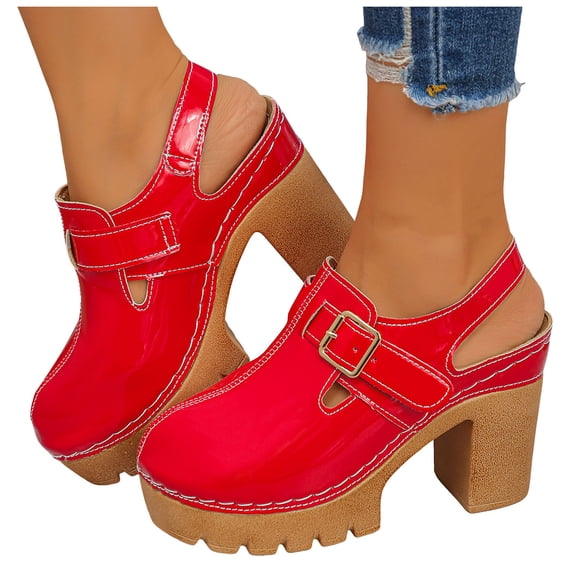 Heels for Women Closed Round Toe Lug Sole Platform Sandals Trendy Stitching Hook and Loop Casual Slingback Dress Shoes Red Size 7.5