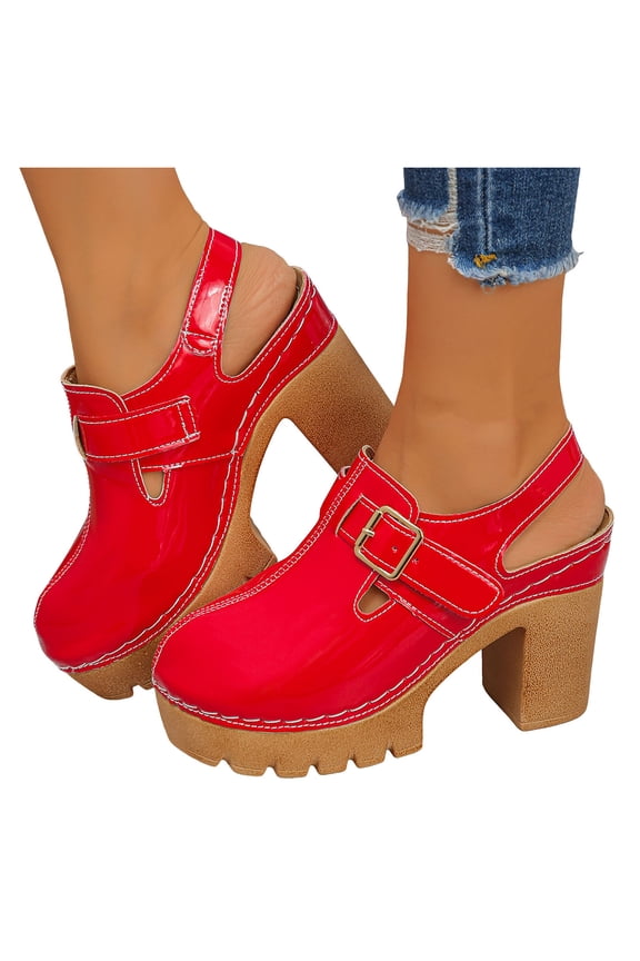 Heels for Women Closed Round Toe Lug Sole Platform Sandals Trendy Stitching Hook and Loop Casual Slingback Dress Shoes Red Size 7.5