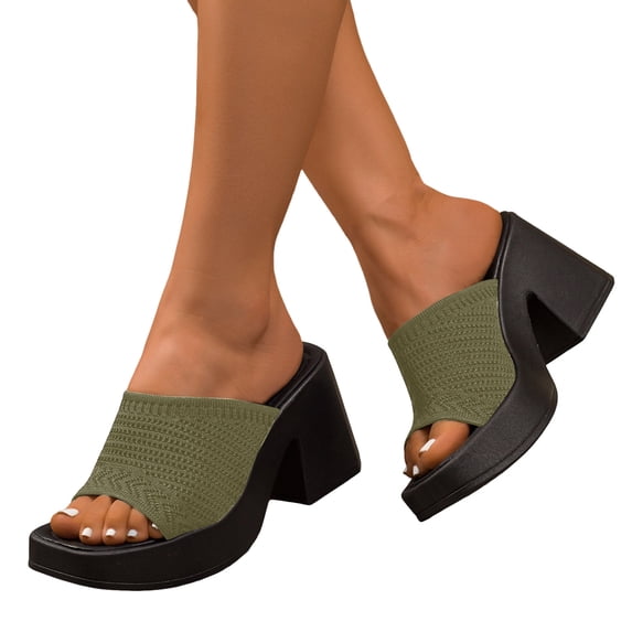 Heels for Women Mesh Band Squared Open Toe Platform Sandals Block Heel Slip on Mules Summer Casual Slides Green Size 8.5