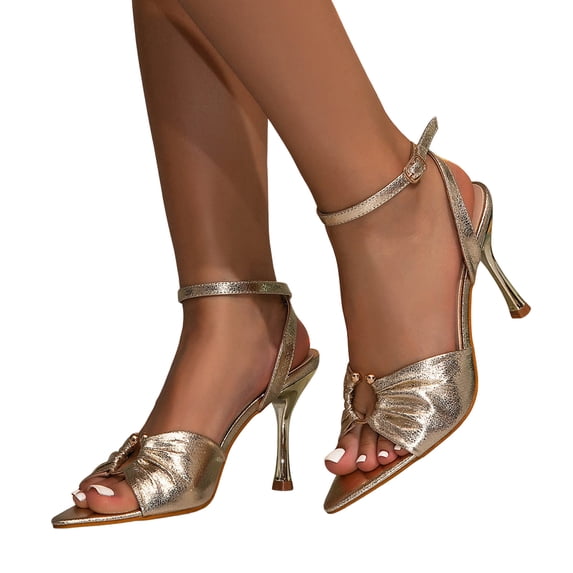 Heels for Women Open Pointed Toe Heeled Sandals Glitter Leather Slingback Wedding Bridal Dress Shoes Gold Size 7