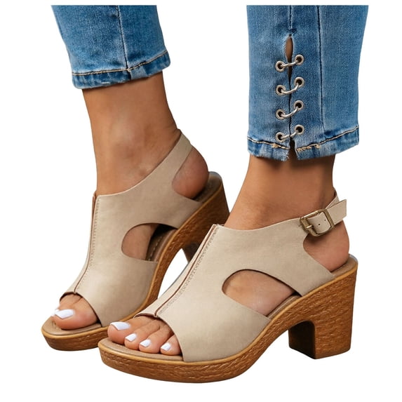 Heels for Women Open Toe Ankle Strap Chunky Heel Sandals Summer Wide Widths Dressy Slide Shoes Low Block Heeled Party Sandal Beige 6.5
