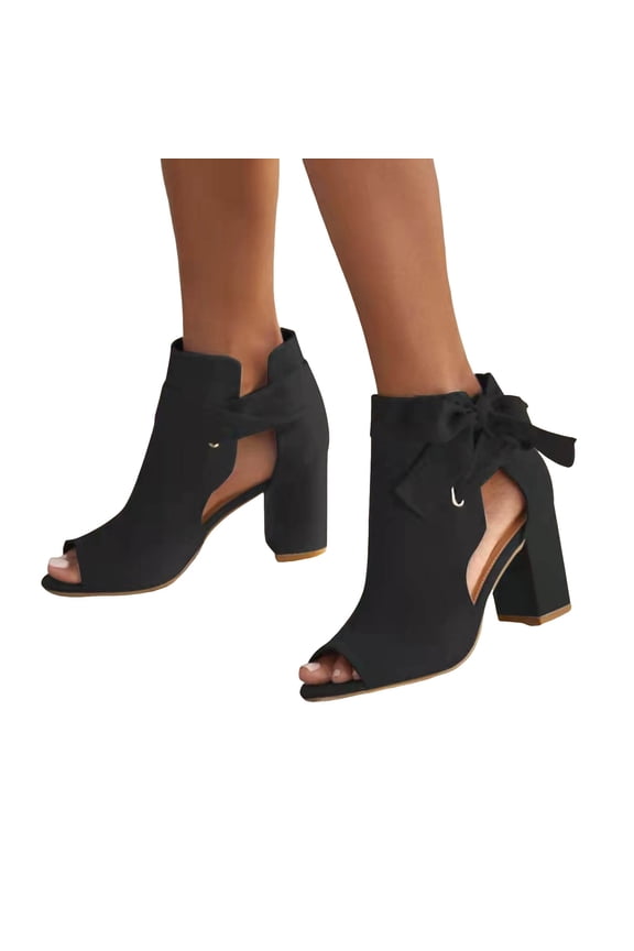 Heels for Women Peep Toe Fashion Cutout Suede Pumps Shoes Bowtie Ankle Strap High Block Heel Dressy Sandals Black Size 6.5