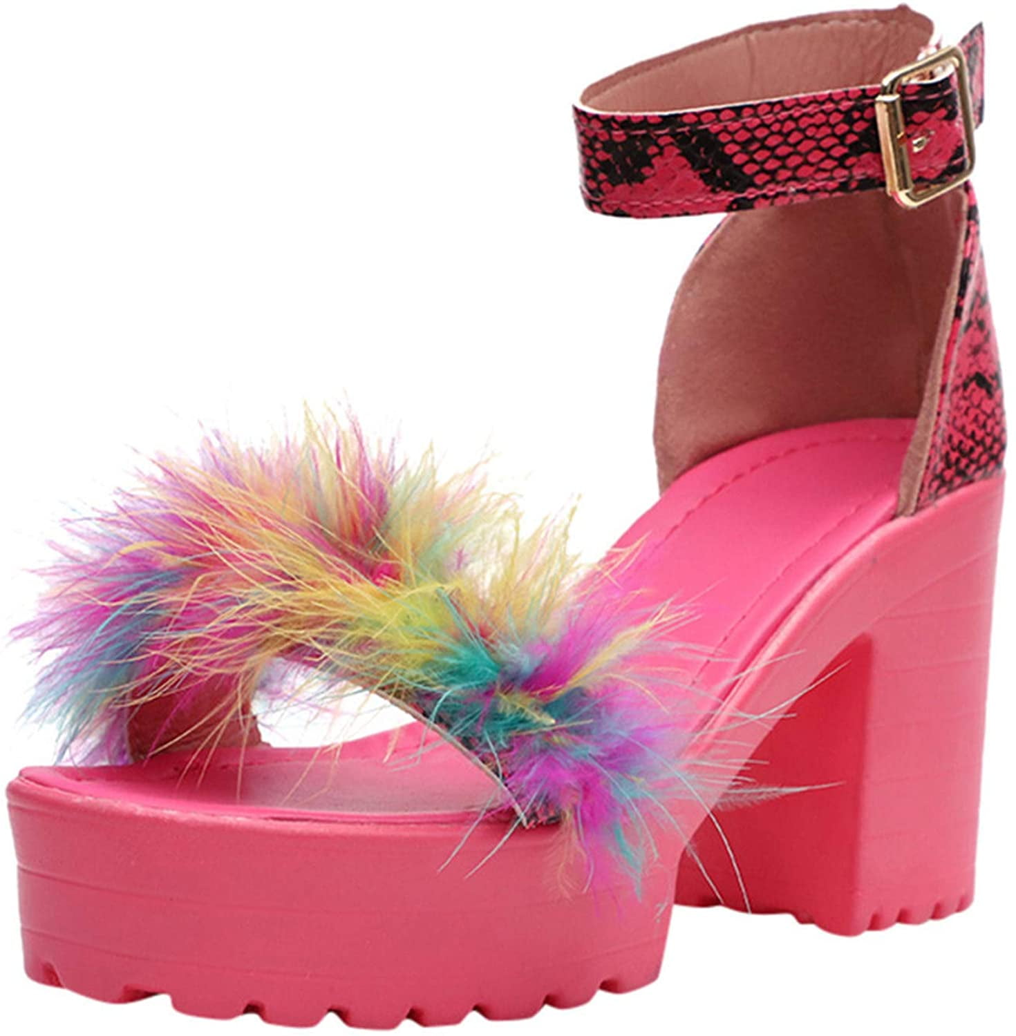 Women Fluffy Fur Chunky High Block Heels Ladies Ankle Strap Sandals Party  Shoes | eBay