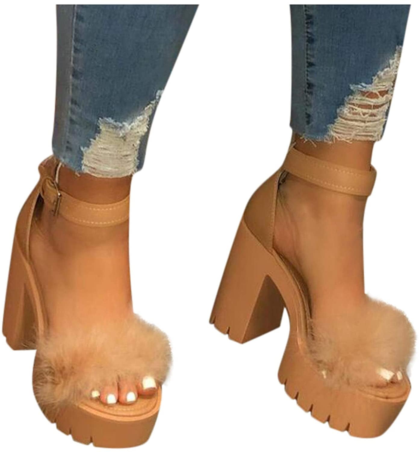 Women Sexy Fluffy Fur Open Toe Sandals Rhinestone Chunky High Heels Slipper  Shoe | eBay