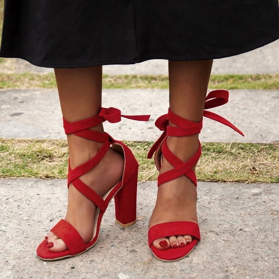 Heels for Women Suede Chunky Heels High Heeled Sandals with Lace Up Fahsion Casual Nude Block Heel Sandals wedding party date Shoes
