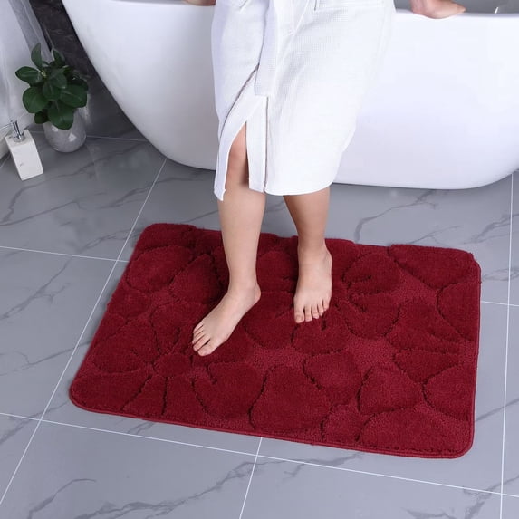 Heeneeso M21 Microfiber Bathroom Rug Non-Slip Machine Washable Burgundy Flower 1PC 36 x 24"