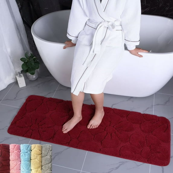 Heeneeso M31 Microfiber Bathroom Rug Non-Slip Machine Washable Burgundy Flower 1PC 55 x 20"