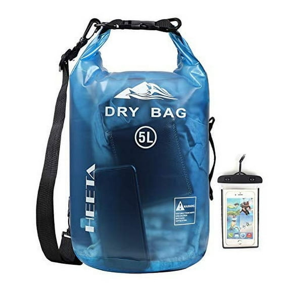 Heeta Waterproof Dry Bag for Women and Men, Roll Top Lightweight Dry Storage Bag Backpack with Phone Case for Travel, Swimming, Boating, Kayaking, Camping and Beach, Transparent Blue 5L