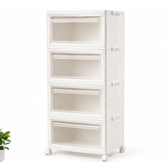 Heeyoo,  4-Drawer Wide Plastic Storage Drawer Chest, Foldable Storage Cabinet with Wheels, white
