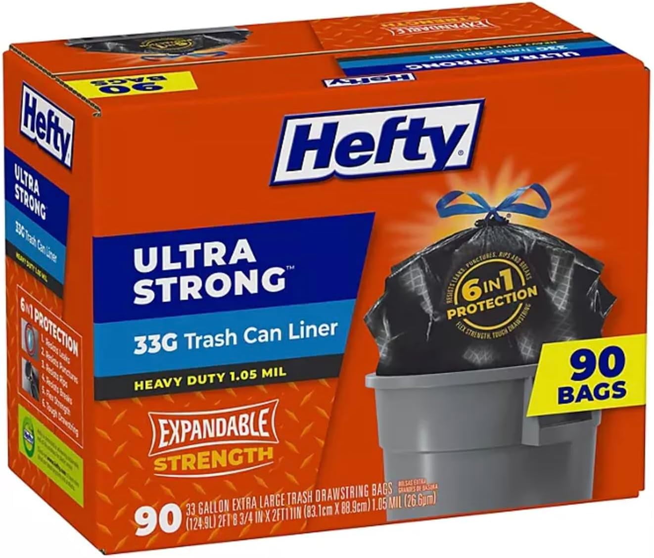 Heffty Ultra Strong Drawstring Trash Bags, Unscented 33 gal., 90 ct.