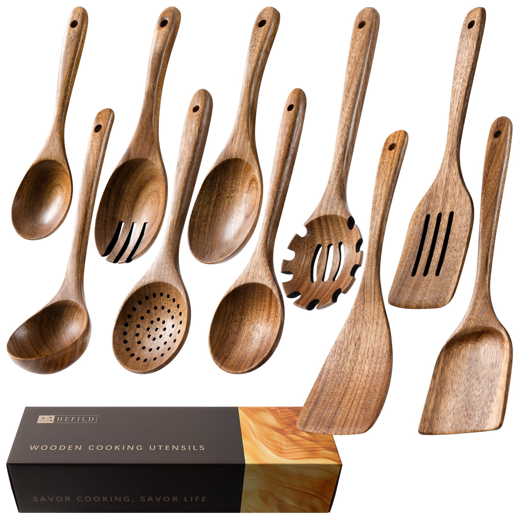 Hefild 10Piece Acacia Wooden Nonstick Kitchen Set , Wooden Spoons and Spatulas  for Cooking.