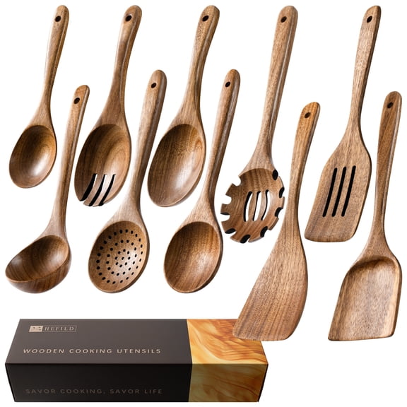 Hefild 10Piece Acacia Wooden Nonstick Kitchen Set , Wooden Spoons and Spatulas for Cooking.