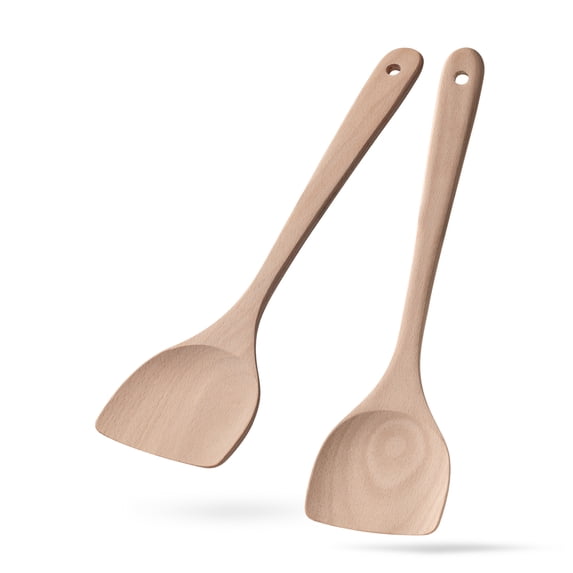 Hefild 2PCS Wooden Spatulas for Cooking, Beech Wood Turners for Frying Fish, Non-Scratch Wood Flat Spurtle for Pan & Wok, Wooden Cooking Utensils for Non Stick Cookware, Long Handle Non-toxic Scrapers
